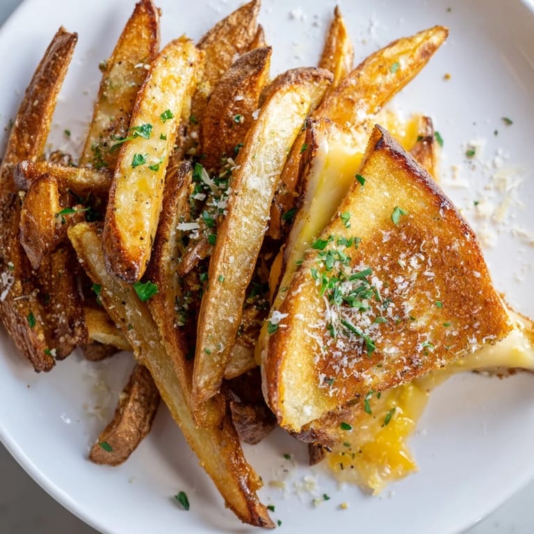 Crispy Beef Tallow French Fries alongside a grilled cheese sandwich, a delicious, hearty plate ready to eat.