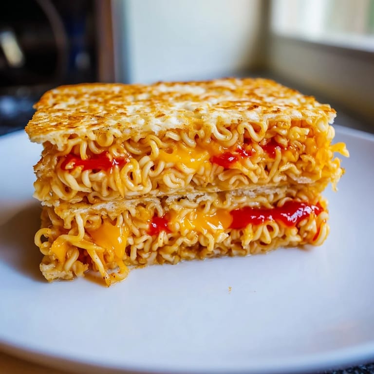Gooey cheese oozing from a freshly made Instant Ramen Grilled Cheese, ready to eat and enjoy.