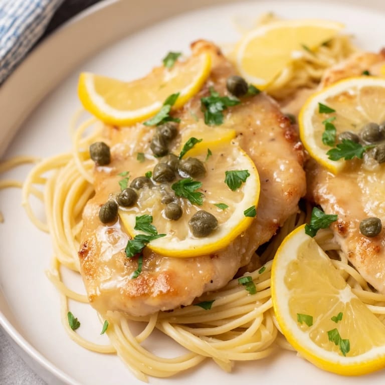 A beautiful plate of Quick Chicken Piccata Pasta, garnished with fresh parsley and lemon slices.