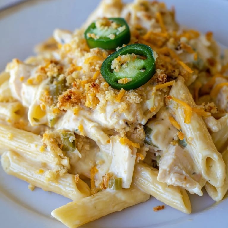 A bubbly casserole of Jalapeño Popper Chicken Pasta, showcasing tender chicken amidst cheesy goodness.