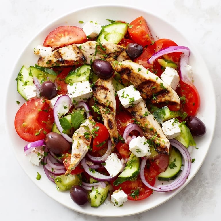 Vibrant Greek salad with grilled chicken, featuring feta, olives, and a delicious olive oil dressing.