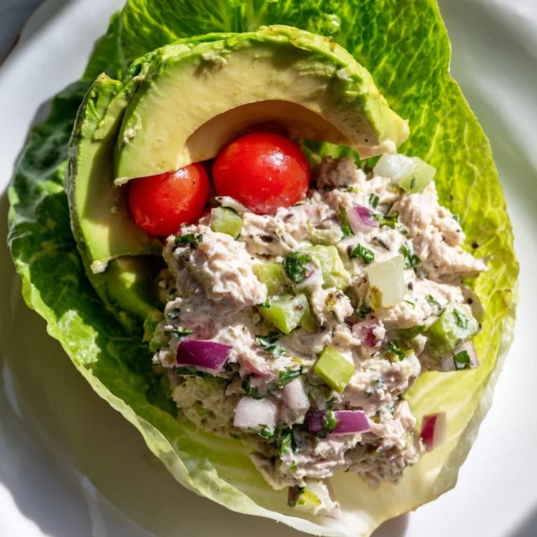 Vibrant photo shows the easy-to-make tuna salad lettuce wraps filled with colorful fresh ingredients.