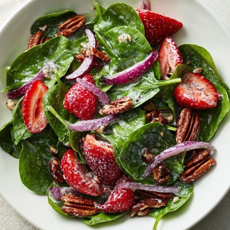 A colorful Strawberry Spinach Salad with creamy poppy seed dressing, perfect for a summer lunch.