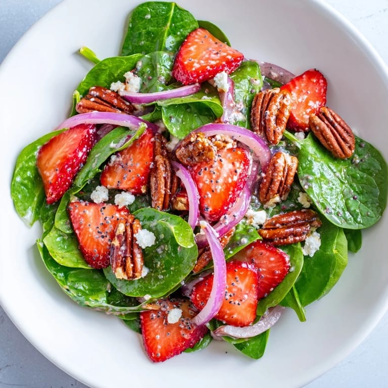 Close-up of a refreshing Strawberry Spinach Salad, showcasing crunchy pecans and tender spinach leaves.