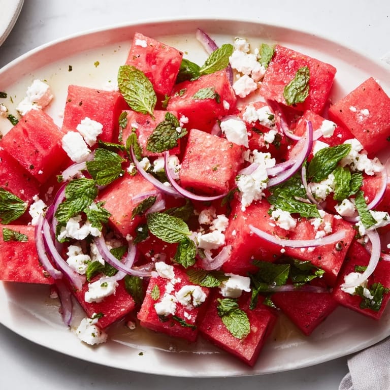Close up revealing the refreshing textures of a Watermelon Feta Salad, perfect for any vegetarian meal.