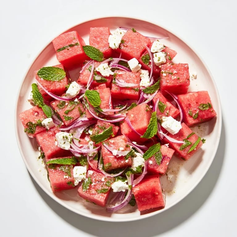 Fresh Watermelon Feta Salad, tossed with mint and lime dressing, ready to eat for a cool summer lunch.