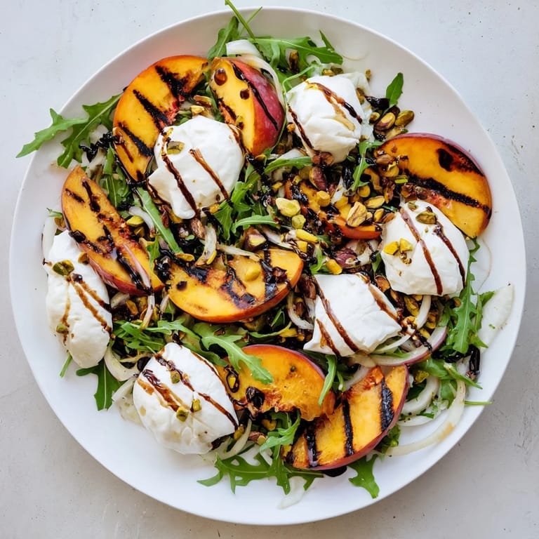 Beautiful plated grilled peach salad featuring juicy peaches and creamy burrata, perfect for sharing.