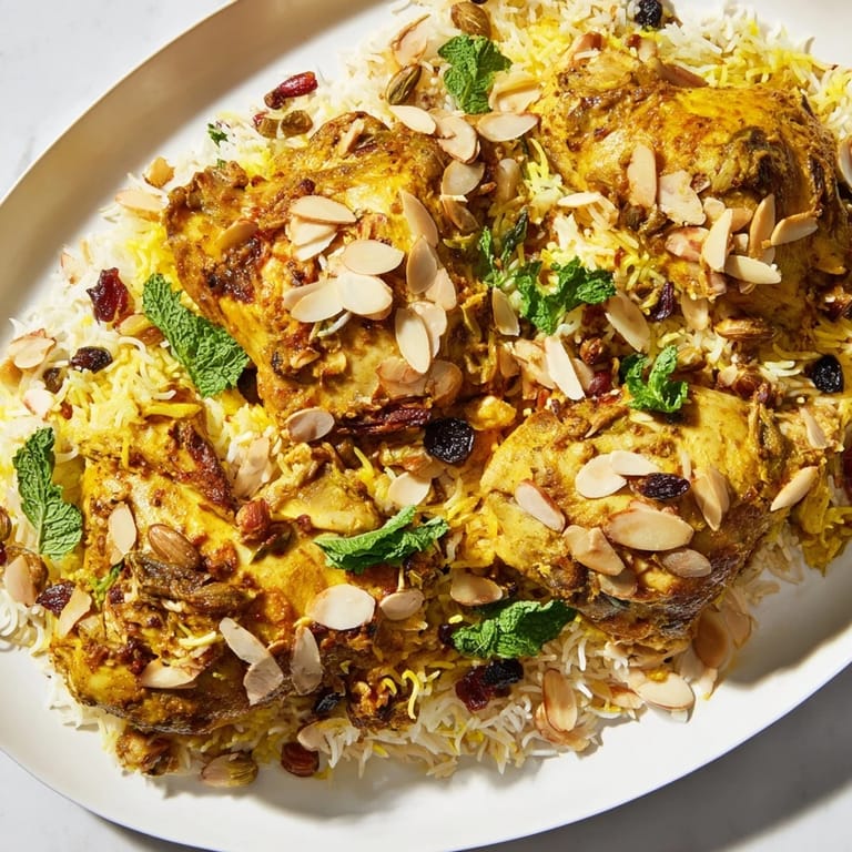 This vibrant photo shows a fully assembled oven-baked Kuwaiti biryani, ready to serve and share.