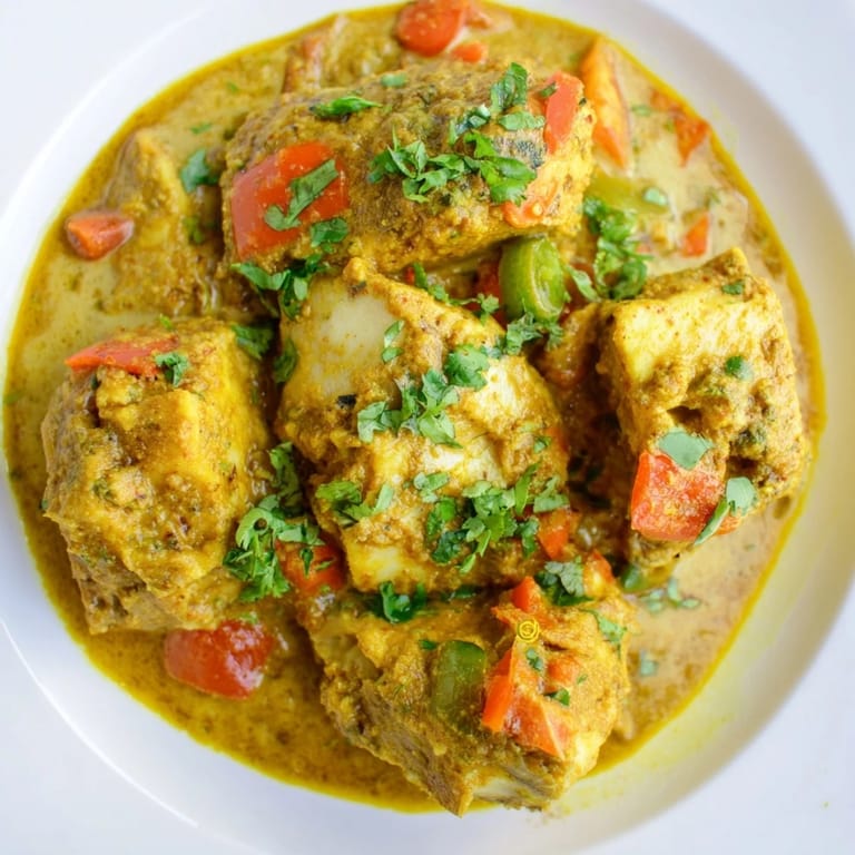 A steaming bowl of Bahraini Fish Curry, garnished with fresh cilantro, ready to eat.