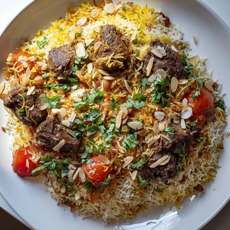 Aromatic Qatari Majboos, with fluffy rice and tender meat, garnished with cilantro and almonds.