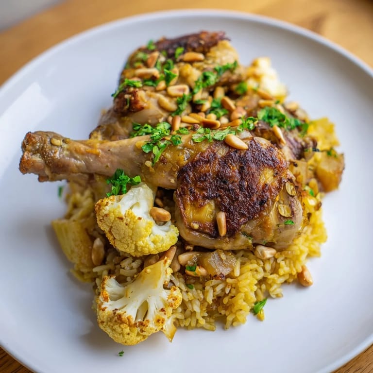 Imagine a flavorful, served Palestinian Maklouba dish, with spiced rice and tender vegetables.