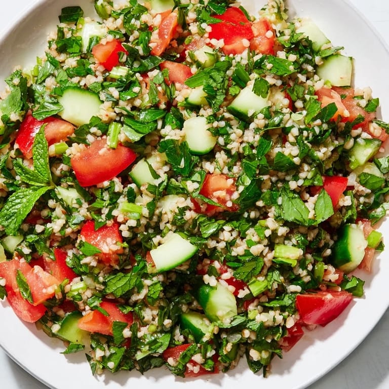 Close-up of a flavorful Lebanese Tabbouleh Salad, showcasing juicy tomatoes and fresh herbs in a light dressing.