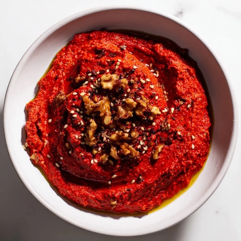 Creamy Syrian muhammara, a flavorful dip starring roasted red peppers and pomegranate molasses for serving.