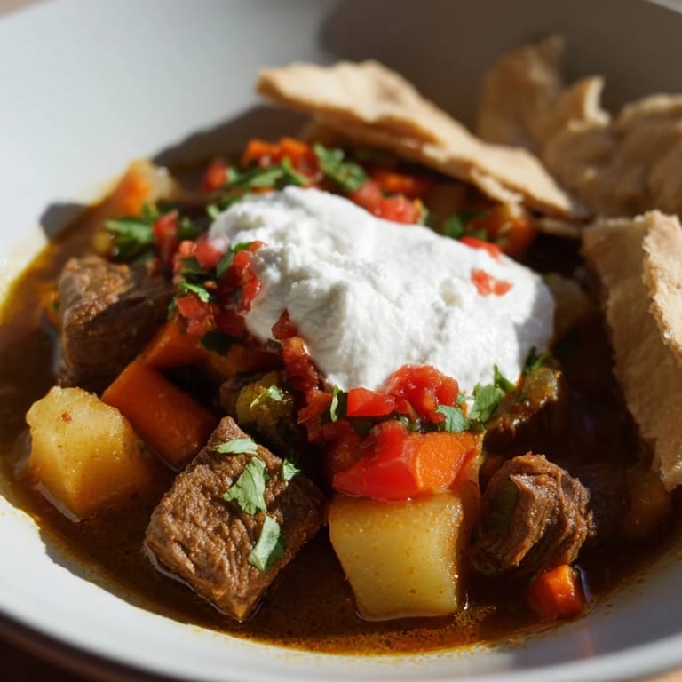 Hearty Yemeni Saltah stew, rich with meat and vegetables, ready to be enjoyed with flavorful flatbread.