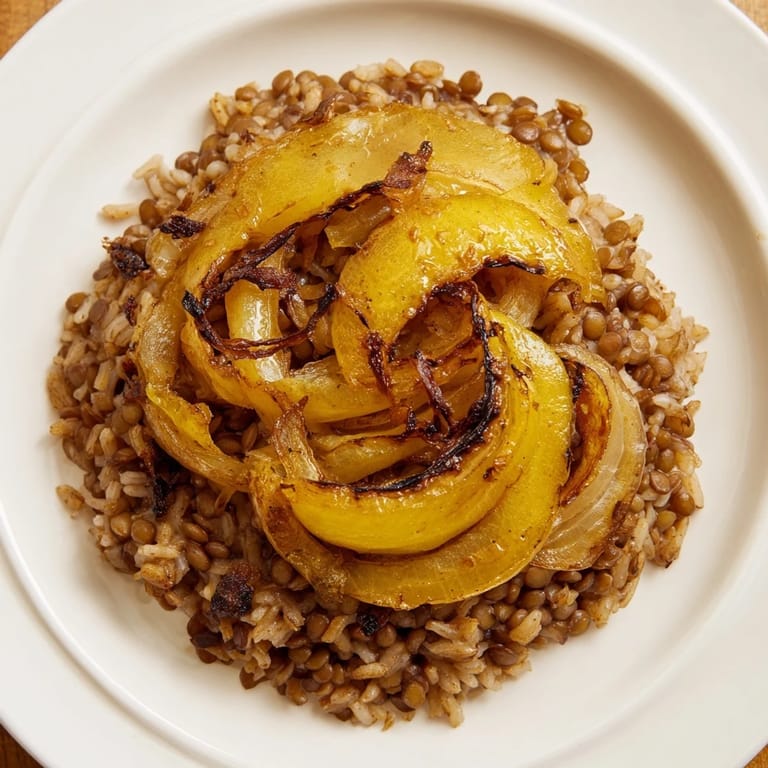 A close-up of steaming Lebanese Mjadra, showing lentils and rice and perfect onions.