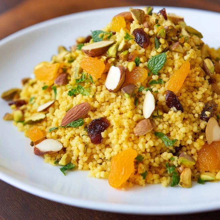 Fluffy couscous pilaf with spiced broth, pistachios, and mint, ready to serve as a side dish.