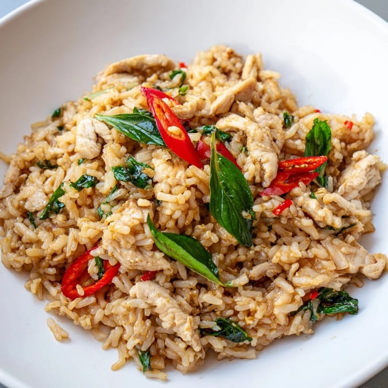 Sizzling Thai Basil Chicken Fried rice with sliced chicken, red bell pepper, and lime wedges on a plate.