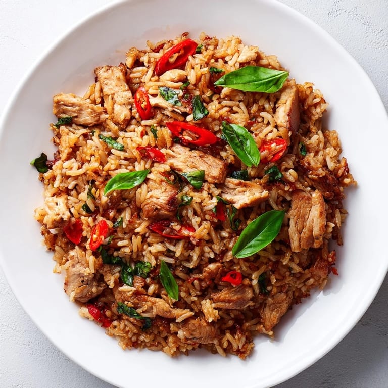 Wok-tossed Thai Basil Chicken Fried Rice beside crisp cucumber slices, basil leaves, and a splash of lime.