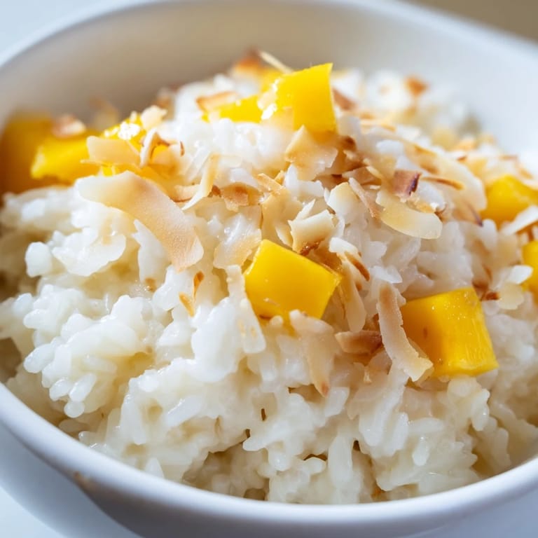 A close-up of coconut rice sweet, showcasing fluffy grains and a glossy, fragrant dessert served in a white bowl.