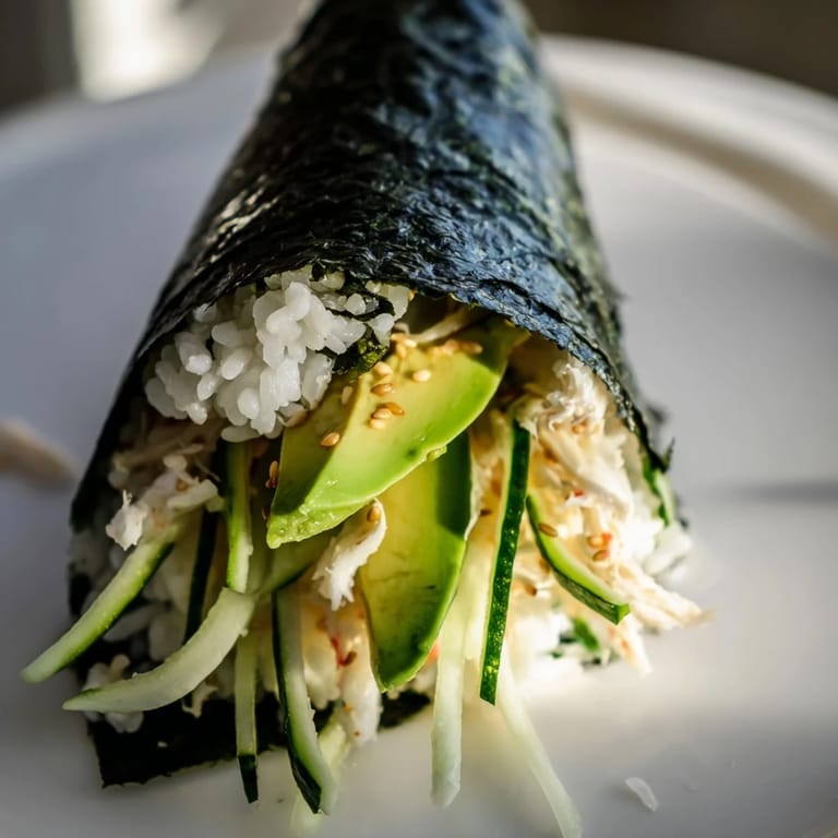 Golden hour light shines on two Sushi Rice Hand Rolls on a wooden plate, accompanied by pickled ginger and a small dish of wasabi.