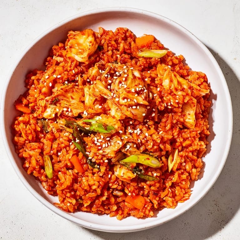 Vibrant red Kimchi Fried Rice served in a white bowl, garnished with sesame seeds.