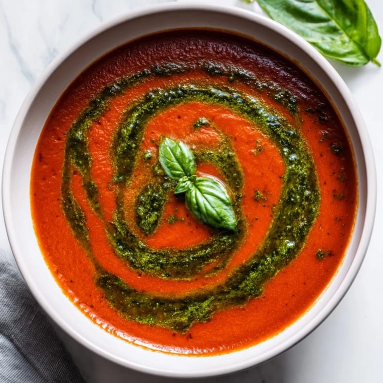 Bright basil pesto drizzled over steaming tomato soup, perfect with crusty bread for dipping.