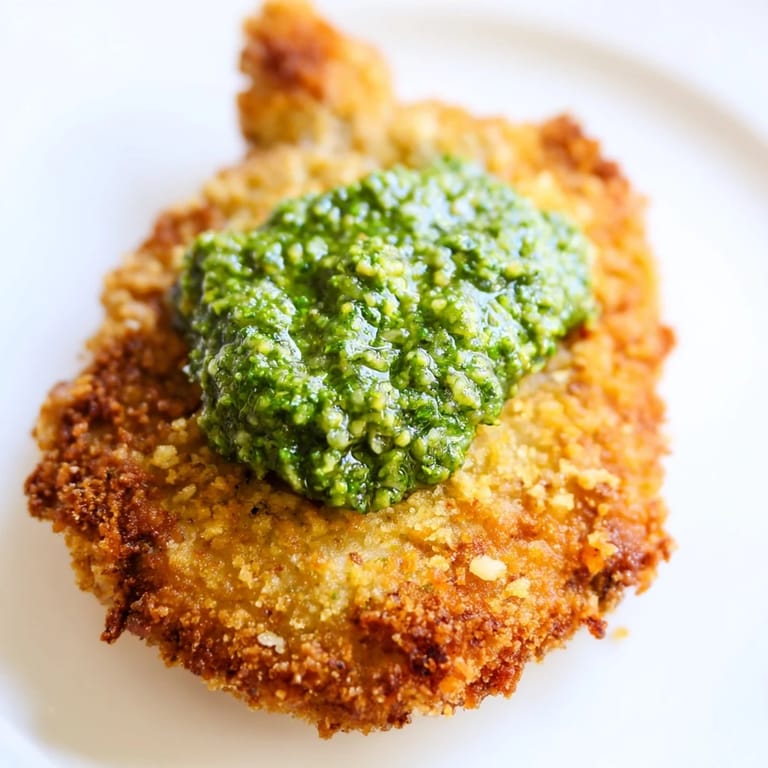 Golden-brown Crispy Pesto Chicken Cutlets on a white plate, topped with pesto and lemon wedges for a bright Italian dinner.