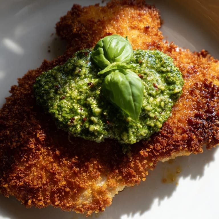 A close-up of Crispy Pesto Chicken Cutlets showing a crunchy Parmesan breadcrumb crust and tender, juicy meat inside.