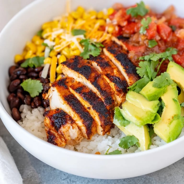 Spicy chicken burrito bowl garnished with cilantro, served with lime wedges on the side.