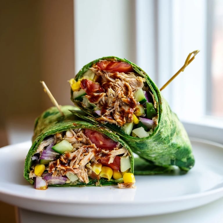 Lunch-ready BBQ Chicken Salad Wrap cut into halves, showcasing the creamy dressing coating the shredded chicken and fresh vegetables inside the green spinach tortilla.