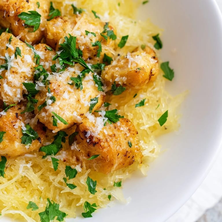 A close-up of golden chicken pieces and fluffy spaghetti squash, drizzled with a glossy lemon-garlic pan sauce and a sprinkle of Parmesan cheese.  