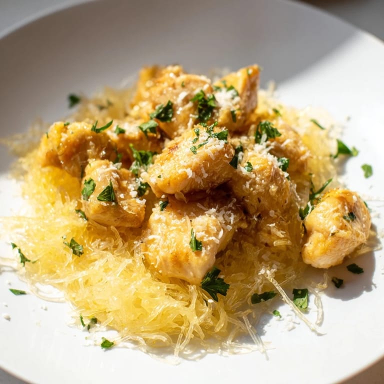 Gluten-free lemon garlic chicken spaghetti squash dinner served with extra lemon wedges and parsley, perfect for a light yet satisfying weeknight meal.