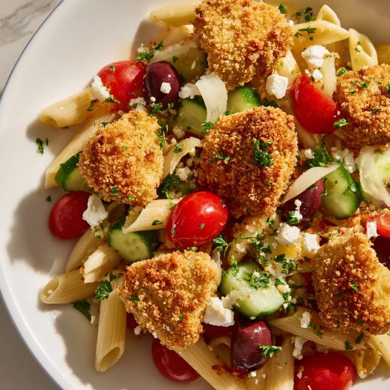 A bowl of crispy chicken Greek pasta with Kalamata olives and parsley for a fresh Mediterranean flavor.