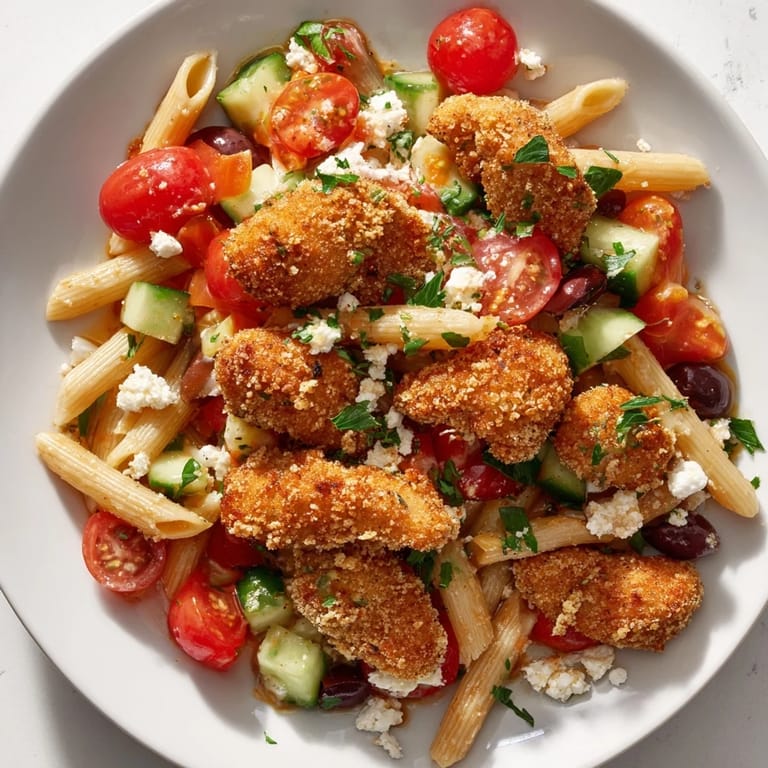 Delicious crispy chicken Greek pasta served with zesty dressing, perfect for a quick, colorful family dinner.