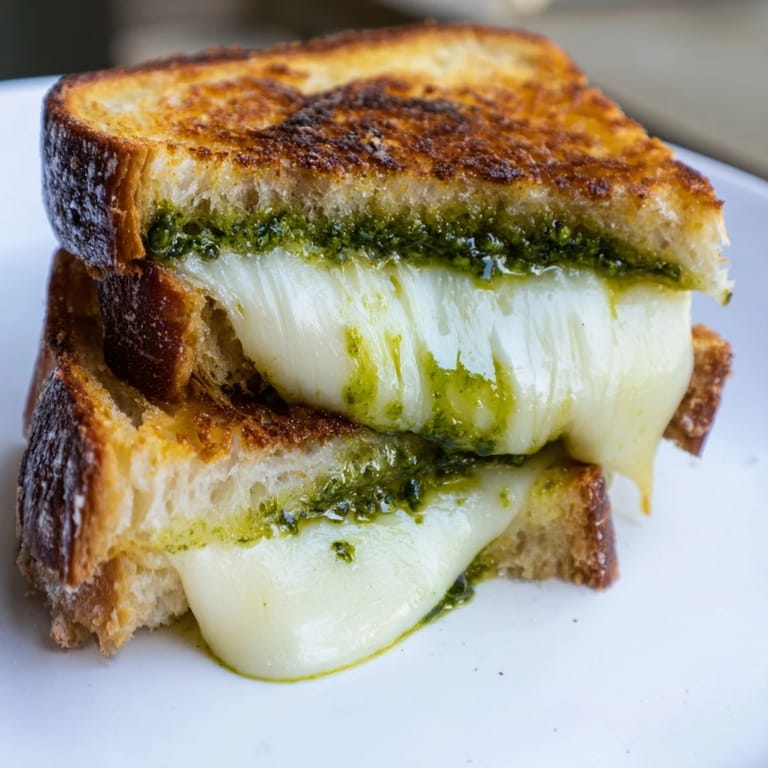 Thick-cut sourdough bread layered with basil pesto and a blend of melty mozzarella, fontina, and cheddar.