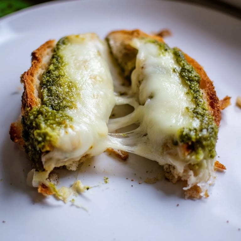 Grilled sourdough pesto grilled cheese sandwich served warm, perfect with a bowl of tomato soup on the side.