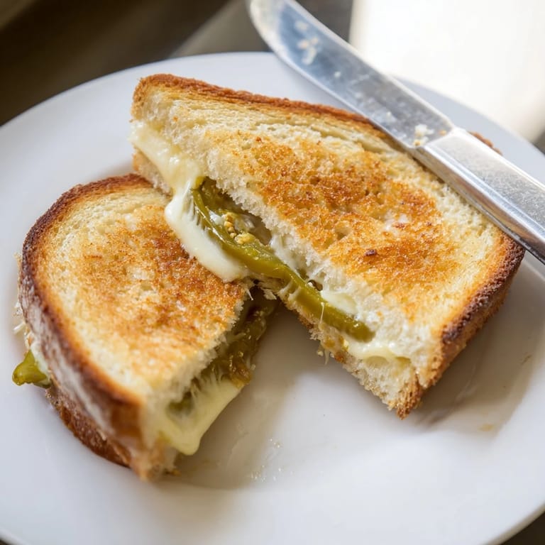 A close-up view of a Jalapeño Pepper Jack Grilled Cheese, featuring gooey cheese and vibrant green jalapeños between crispy bread slices.