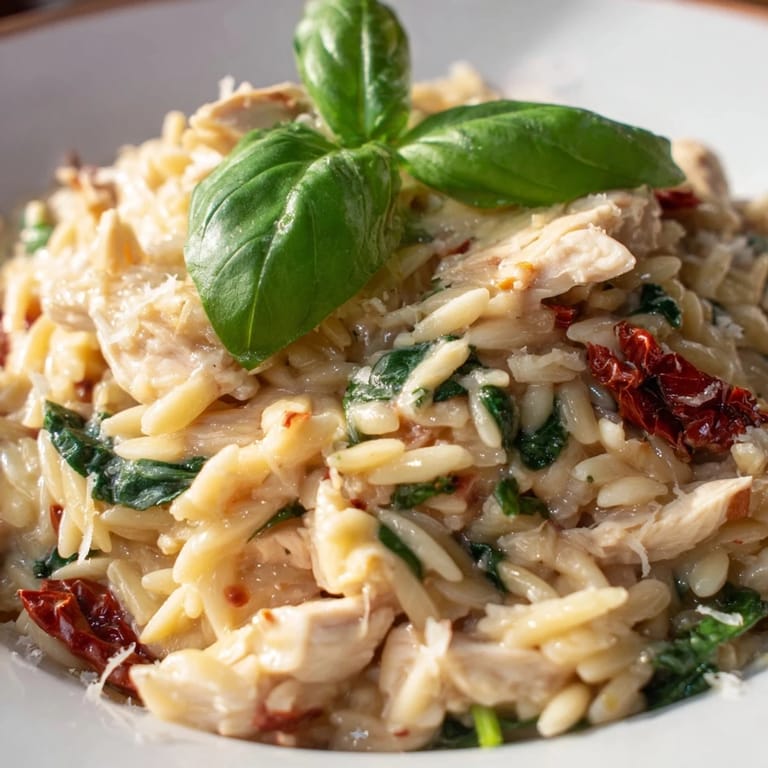 A comforting skillet of Tuscan Chicken Orzo with tender chicken pieces, vibrant spinach, and melted Parmesan cheese.