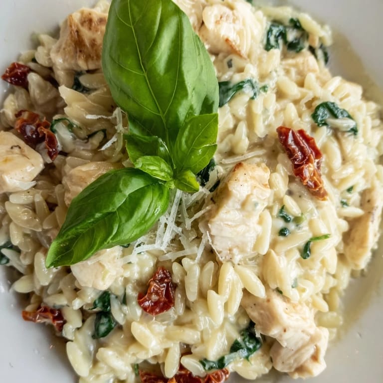 Savory Tuscan Chicken Orzo served hot, featuring golden pasta, garlic aroma, and a luscious creamy Italian-inspired sauce.