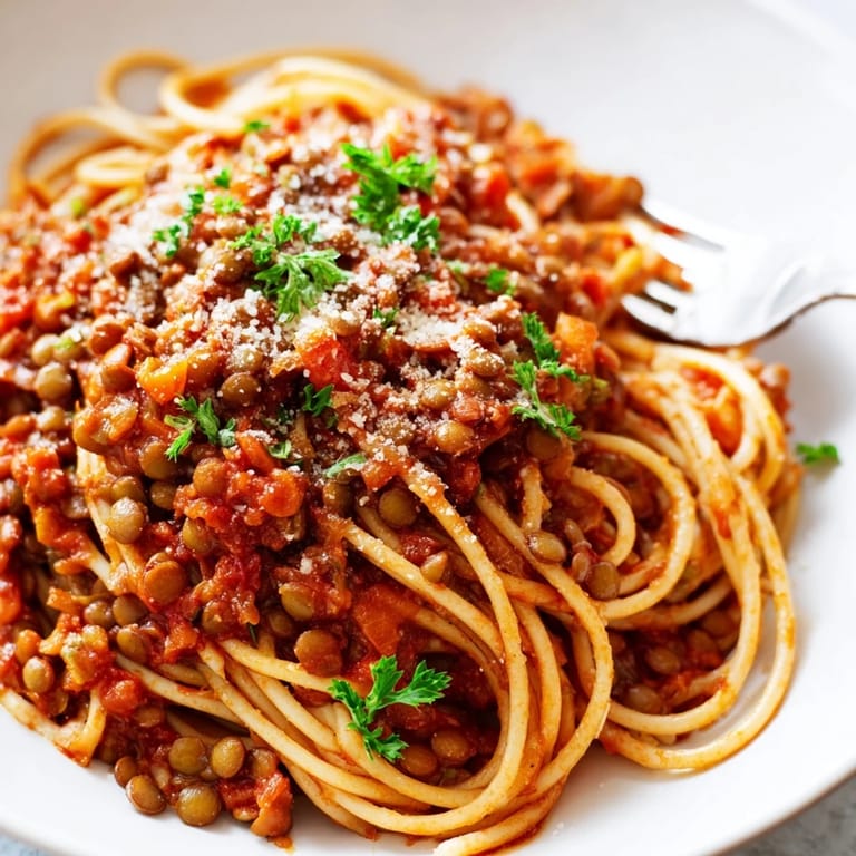 Hearty vegetarian lentil bolognese simmering in a rustic pot with diced carrots and rich tomato base.  