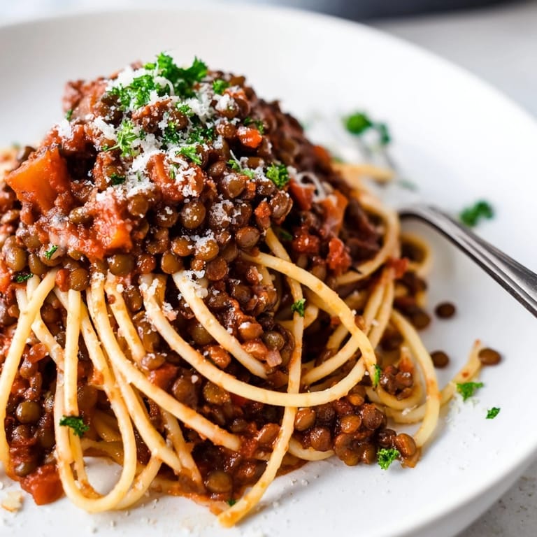 Serving suggestion for lentil bolognese with grated Parmesan and fresh parsley over a bed of pasta.