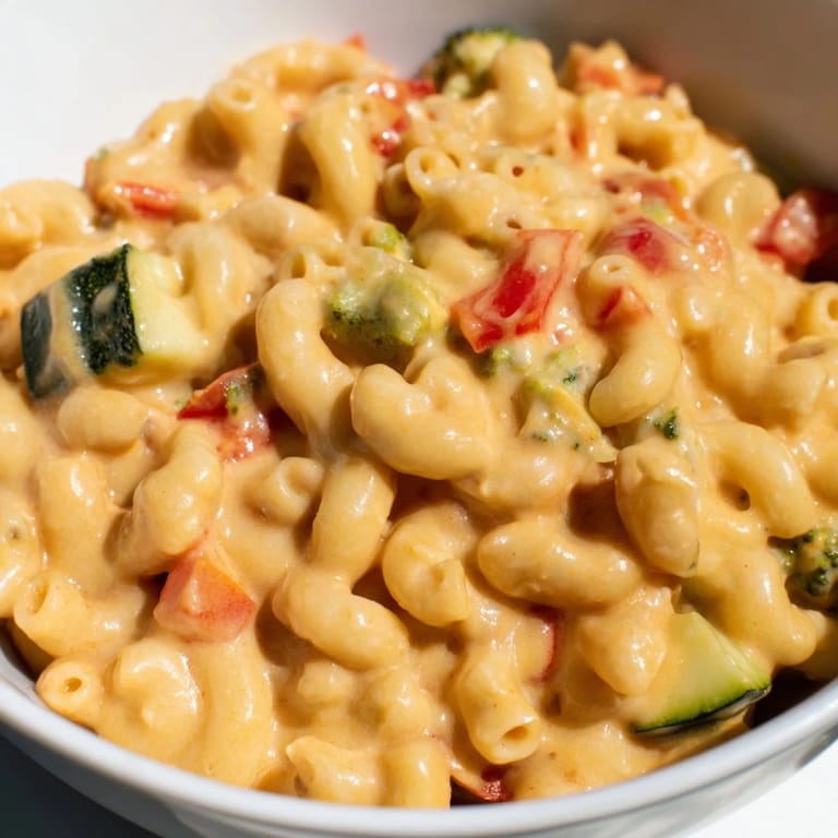 A spoon scoops into warm Roasted Veggie Mac & Cheese, steam rising from the cheesy pasta and tender veggies.