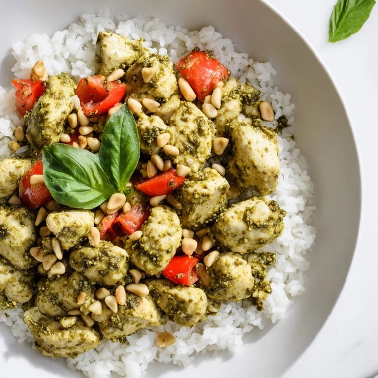 Steaming Chicken Pesto Rice Bowl features succulent pesto chicken, fluffy white rice, and bright red tomatoes for a colorful, healthy dinner.