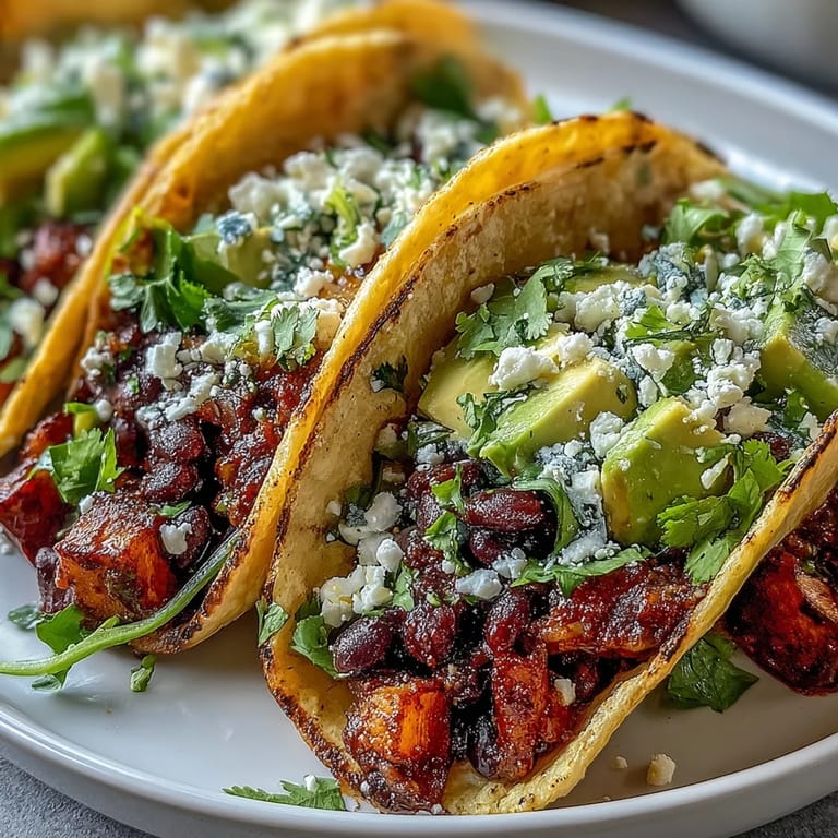 A colorful plate of vegan Black Bean and Sweet Potato Tacos topped with vegan sour cream.  