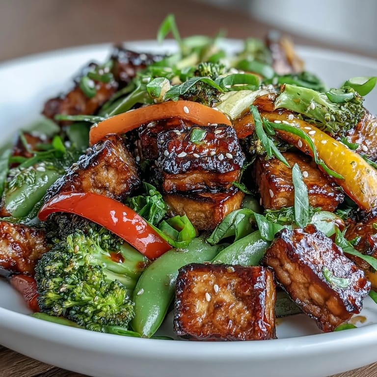 A close-up of Vegetable Tempeh Stir-Fry showcases colorful carrots, broccoli, and snap peas tossed with nutty tempeh and sesame seeds.  