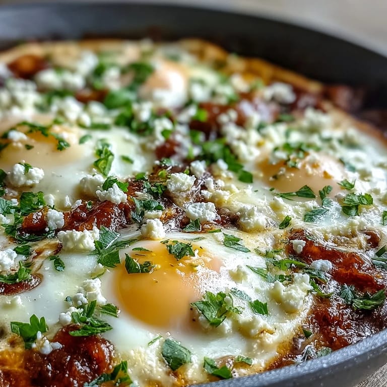 A skillet of bubbling shakshuka showcases runny-yolked eggs nestled in a rich, paprika-infused tomato and pepper sauce, ready for a savory breakfast or brunch.