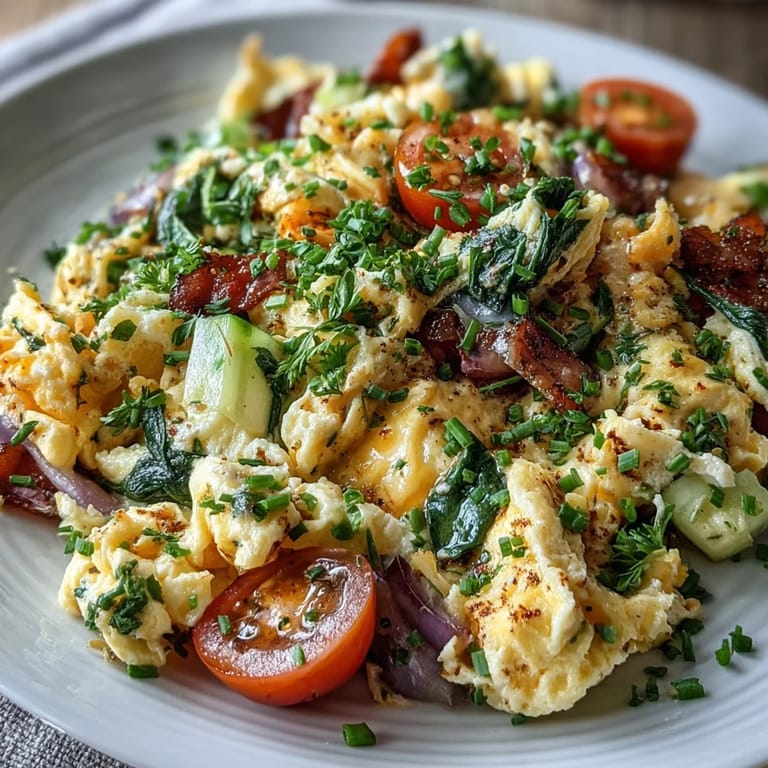 A vegetarian breakfast scramble topped with fresh herbs, served alongside whole grain toast.