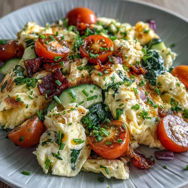Colorful vegetable scramble with zucchini and bell pepper, ready to enjoy as a healthy brunch.