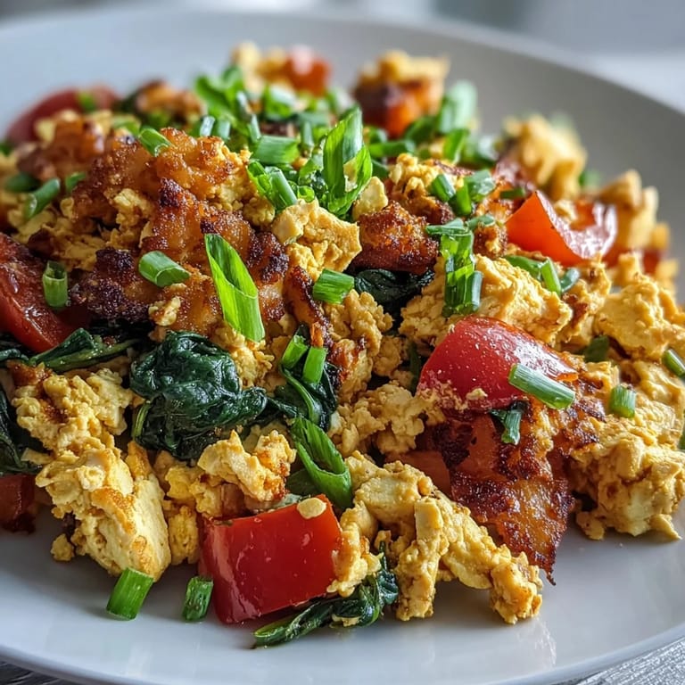 Fluffy, spiced Tofu Scramble with turmeric and nutritional yeast, plated with diced tomatoes and a side of roasted potatoes.