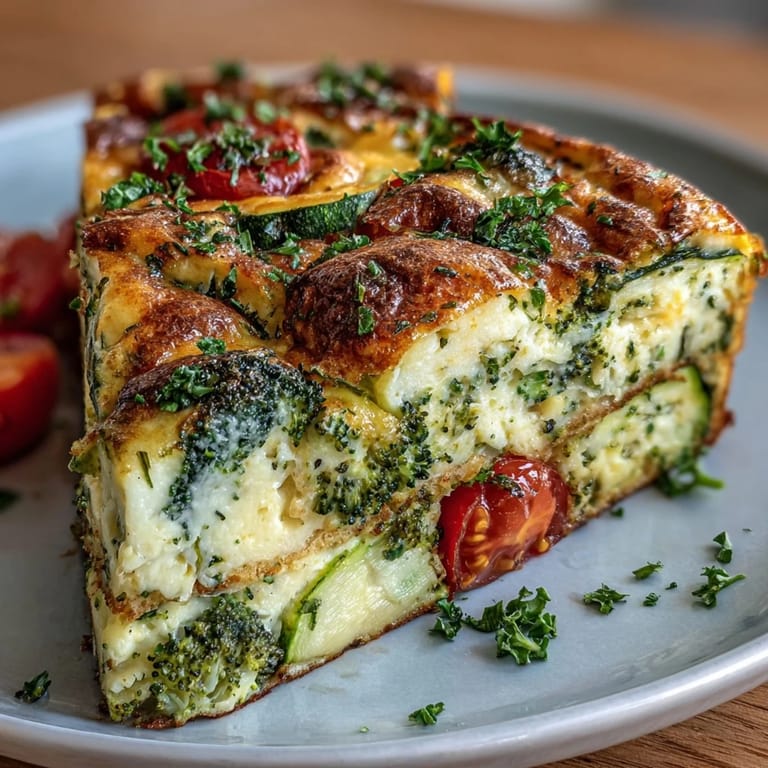 Vegetable Frittata with sautéed zucchini and onions, baked to perfection and paired with a crisp green salad for brunch.